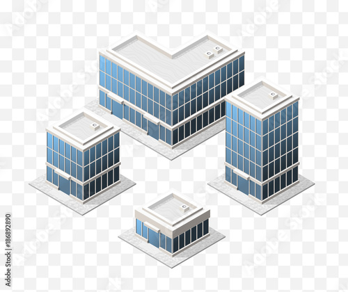 Set of 4 Isometric High Quality City Elements with 45 Degrees Shadows on Transparent Background . Residential