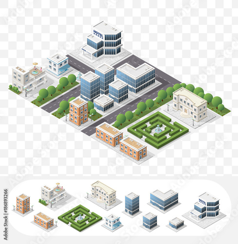 Set of Isolated High Quality Isometric City Elements on Transparent Background