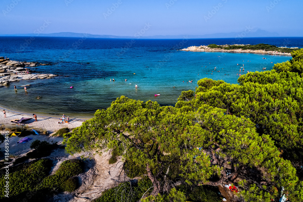 Aerial view of the beautiful Karidi beach in the Vourvourou of Chalkidiki