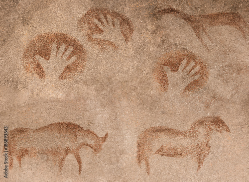 images in a cave of prehistoric animals and hand-made hand-made ocher