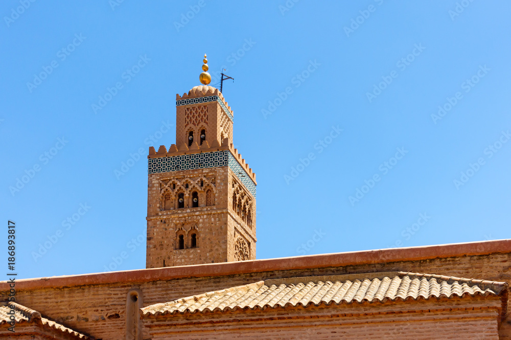 Closeup of Minaret of Koutoubia Mosque in Marrakech