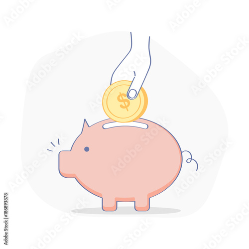 Savings, Pig icon, Money Savings vector concept. The hand puts money coin inside the piggy bank. Contribution, money protection, deposit, business symbol