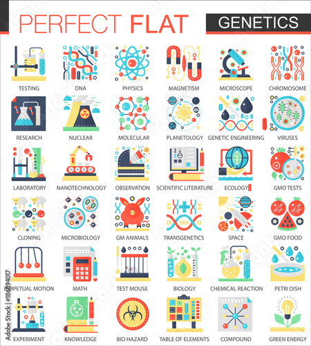 Biochemistry, biology genetics vector complex flat icon concept symbols for web infographic design.