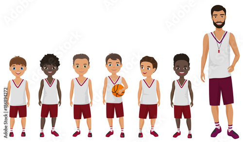 Vector Cartoon flat school boys basketball kids team standing with their coach trainer.