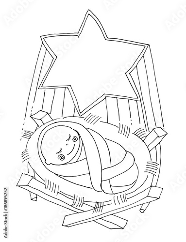 vector illustartion for coloring book. Little baby Jesus lies in the manger under the Christmas star