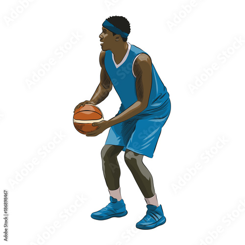 Basketball player holding ball and preparing for free thows, colorful isolated vector illustration