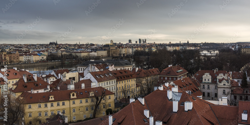 View of buildings from Lesser Town Bridge Tower, Prague, Czech Republic