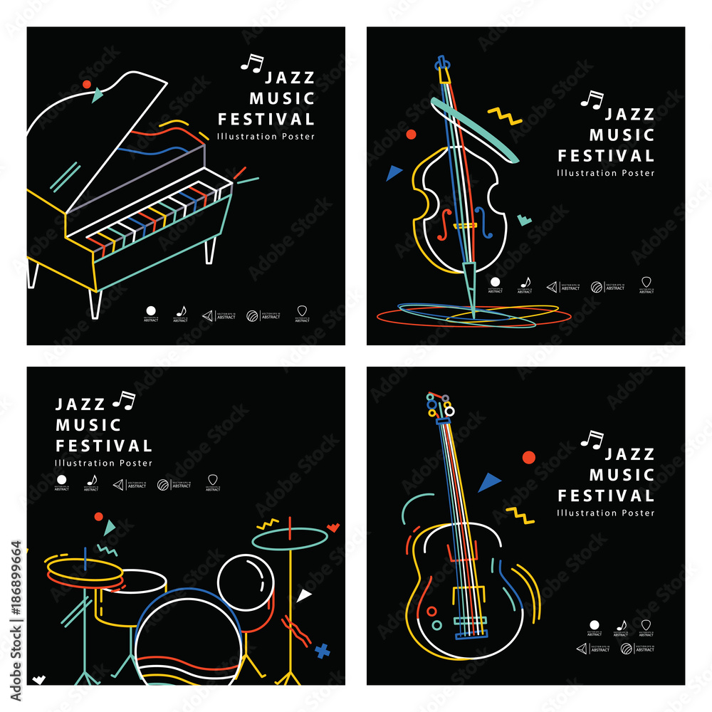 Fototapeta premium Jazz music banner poster square 4 musical instrument illustration vector. Music concept.