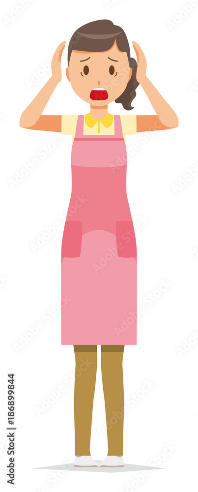 A female home helper in an apron is in a hurry A female home helper in an apron is in a hurry