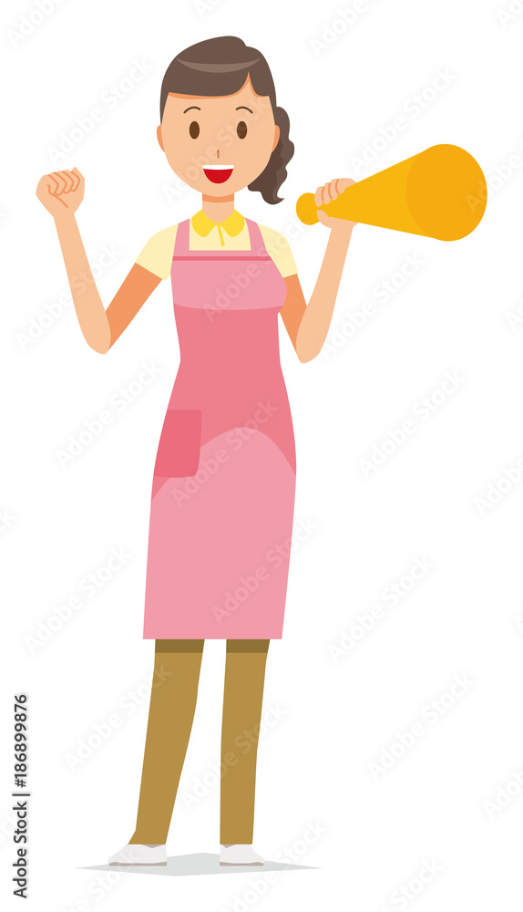 A female home helper wearing an apron has a megaphone A female home helper wearing an apron has a megaphone