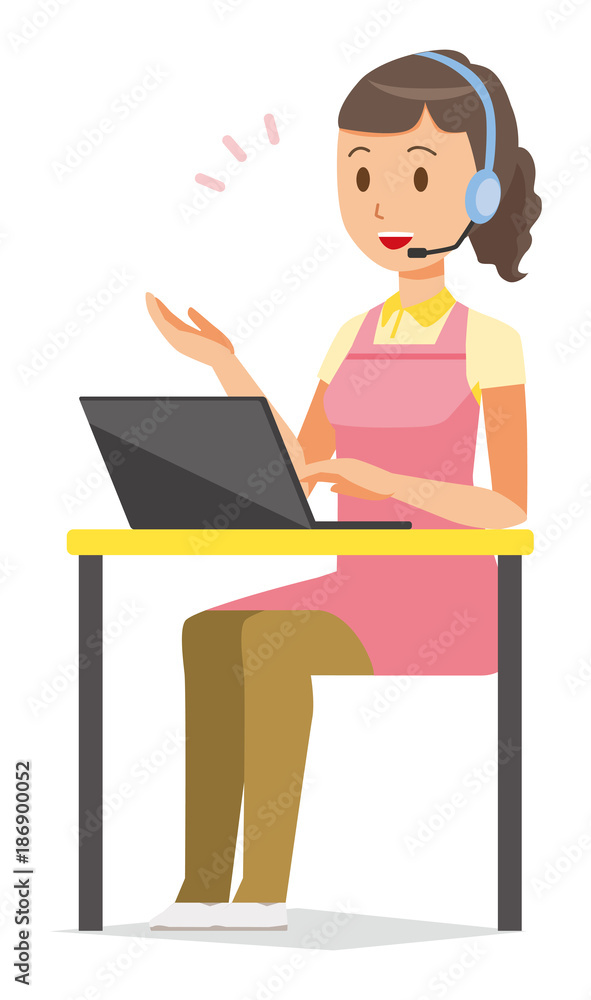 Female home helper wearing an apron is talking with headset Female home helper wearing an apron is talking with headset