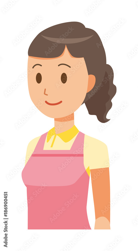 A female home helper wearing an apron is standing obliquely