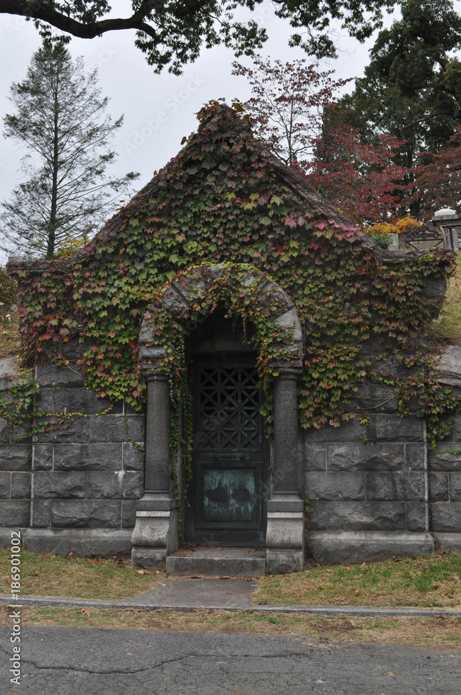 Old Stone Mausoleum in a Cemetery