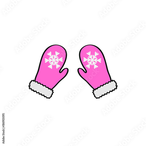 Vector illustration pair of knitted christmas mittens on green background. Mitten icon. Christmas greeting card with mittens