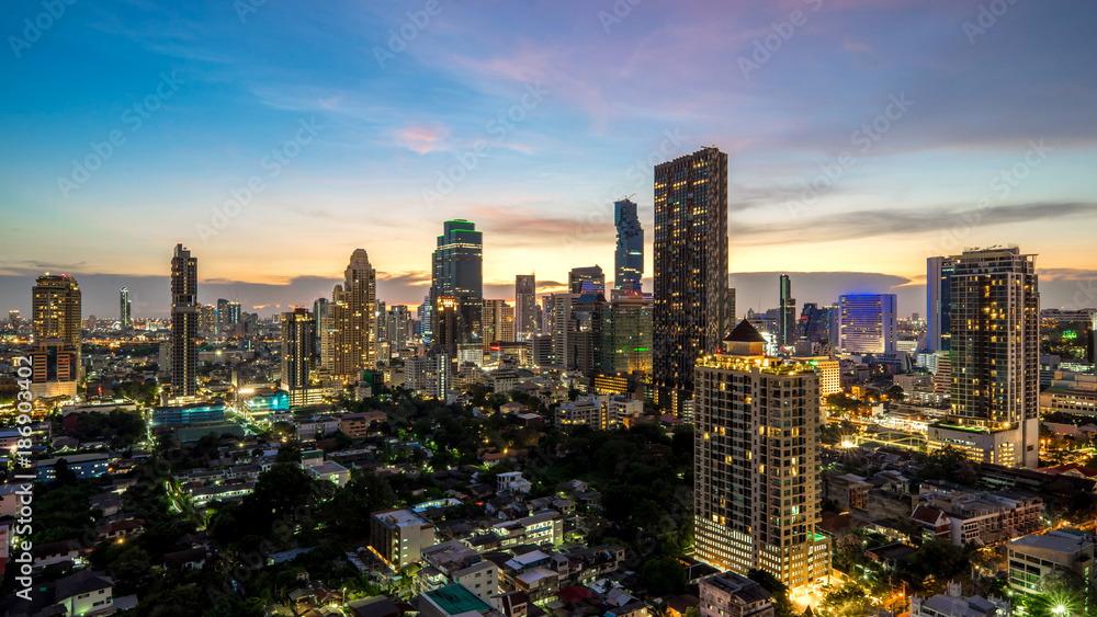 Obraz premium Bangkok city - Aerial view of Bangkok city downtown cityscape urban skyline at night , landscape Thailand