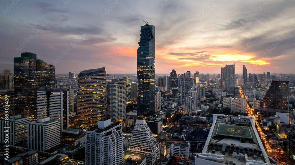 Bangkok city - beautiful twilight sunset long exposure light  cityscape at night  , landscape Bangkok Thailand