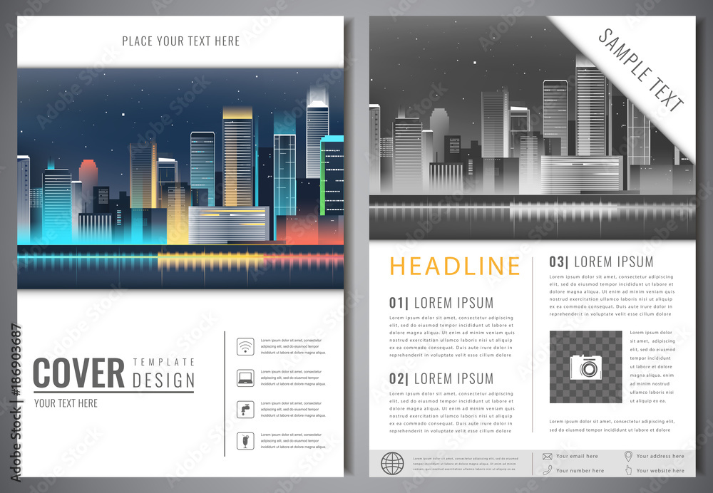 Brochure design template with urban landscape. Leaflet cover presentation with flat city landscape background. Layout in A4 size. Vector Brochure design template with urban landscape. Leaflet cover presentation with flat city landscape background. Layout in A4 size. Vector