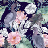 Watercolor seamless pattern with ink elements. Exotic birds and flowers. Hand drawn illustration