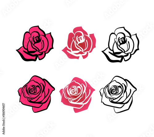 a set of roses of different shapes, contour roses and full-color roses. Roses for decoration of cards