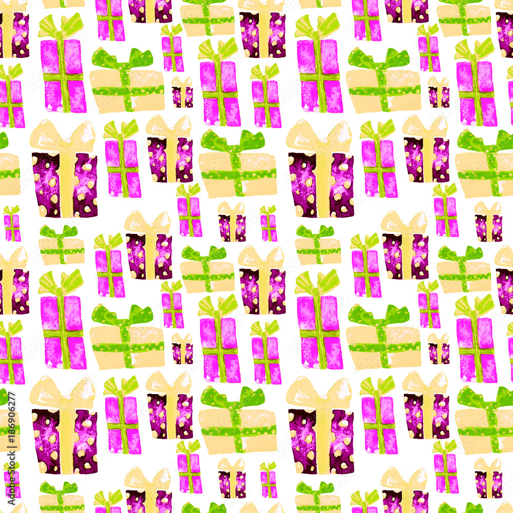 Seamless Pattern with Hand Drawn Watercolor Gifts with Bow. Christmas Background. Party or Birthday Design. Repeatable New Year Pattern. Can be used For Textile Print, Packaging, Wallpaper, Wrapper. Seamless Pattern with Hand Drawn Watercolor Gifts with Bow. Christmas Background. Party or Birthday Design. Repeatable New Year Pattern. Can be used For Textile Print, Packaging, Wallpaper, Wrapper.