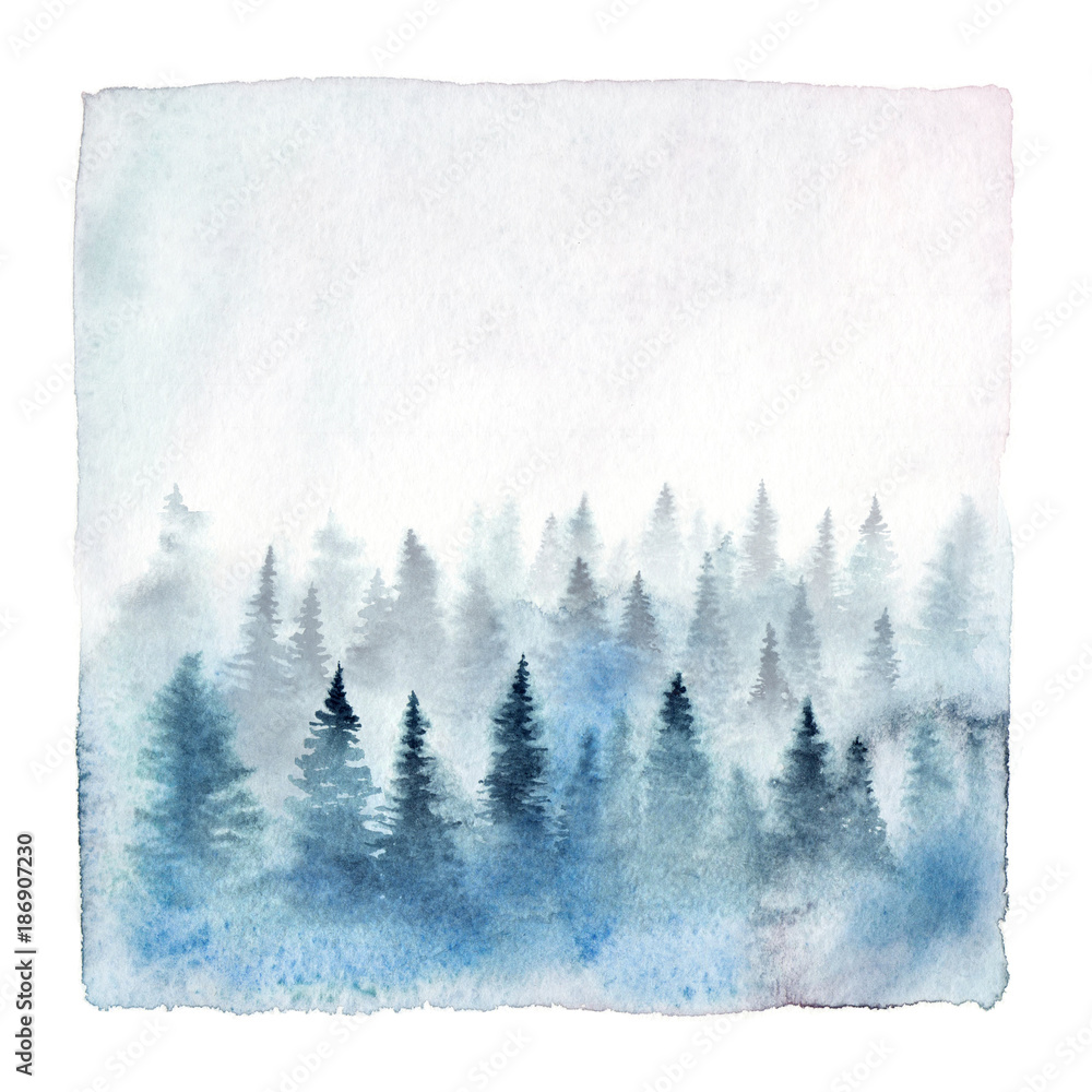 Obraz Akwarela obraz mgłowy las z świerkowymi drzewami. Ręcznie malowane zimowy krajobraz na białym tle.