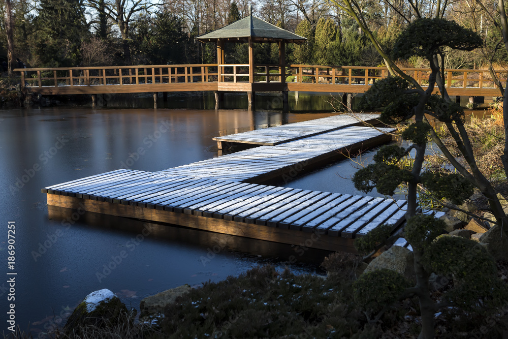 Japanese garden during winter season in Wroclaw, Poland.