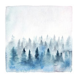 Watercolor painting of a foggy forest with spruce trees. Hand painted winter landscape isolated on white background.