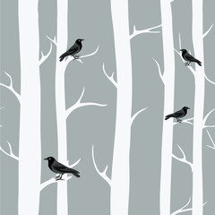 Stickers Berken patronen Winterbomen met zwarte kraaien grijs  © Lucie