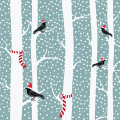 Stickers Berken patronen Kerstkraaien met mutsen in sneeuw  © Lucie