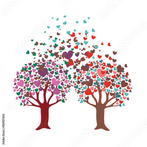 Two romantic trees with leaves in shape of heart. Vector illustration on white background
