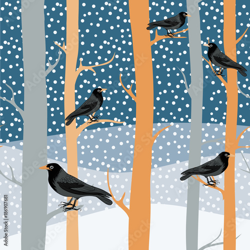 Black birds on the winter trees. Snowing in winter nature. Vector illustration on blue background