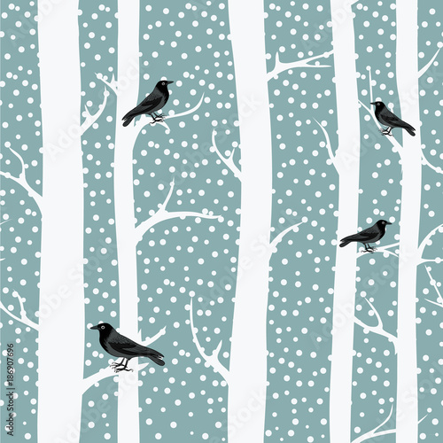 Black crows on the winter trees. Snowing. Seamless pattern. Vector illustration on grey background