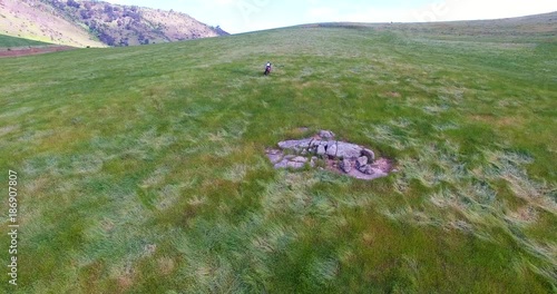 Aerial, horseback riding in Australia landscape