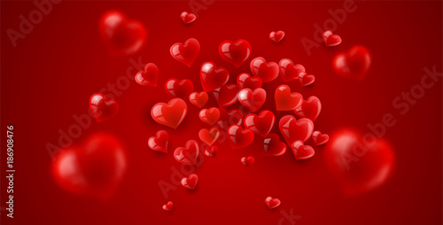 Love background with red scattering hearts particles, shallow