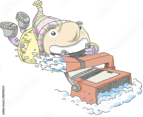 A cartoon person in winter wear being pulled along by a fast snow blower spraying snow through its nozzle.