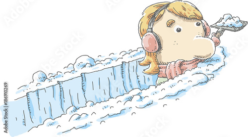 A cartoon woman with ear muffs shovels a deep paths through fresh, white snow.