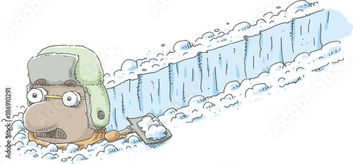 A cartoon man who has dug a path in a ditch through a flat field of fresh, deep snow.