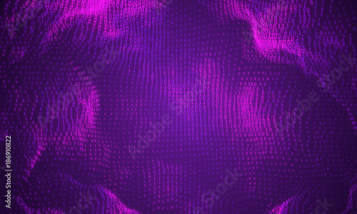 Vector abstract big data visualization. Purple glowing data flow as binary numbers. Computer code representation. Cryptographic analysis, hacking. Bitcoin, blockchain transfer. Program code pattern