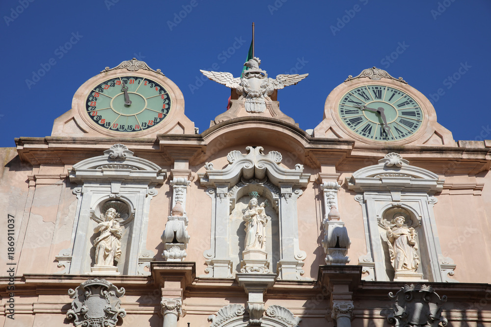Palazzo Senatorio (Cavaretta) - Twin Clock Tower in Trapani. Sicily. Italy