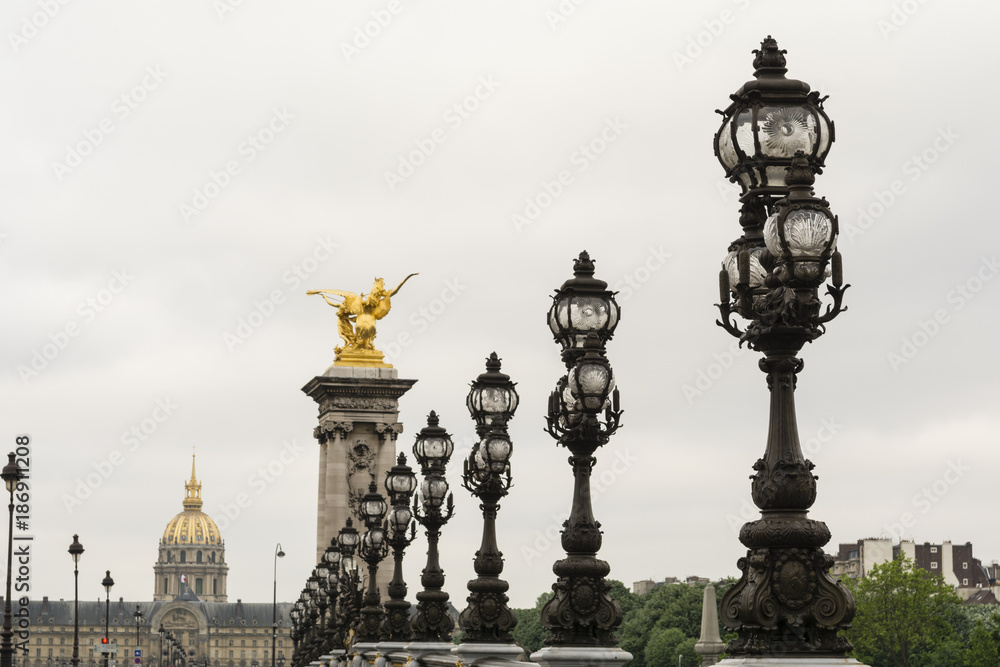 Pont Alexandre III bridge and invalides in the morning. Paris, France Pont Alexandre III bridge and invalides in the morning. Paris, France