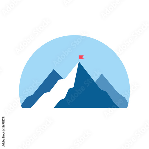 Success concept, Mountains with red flag, illustration meaning way to the top