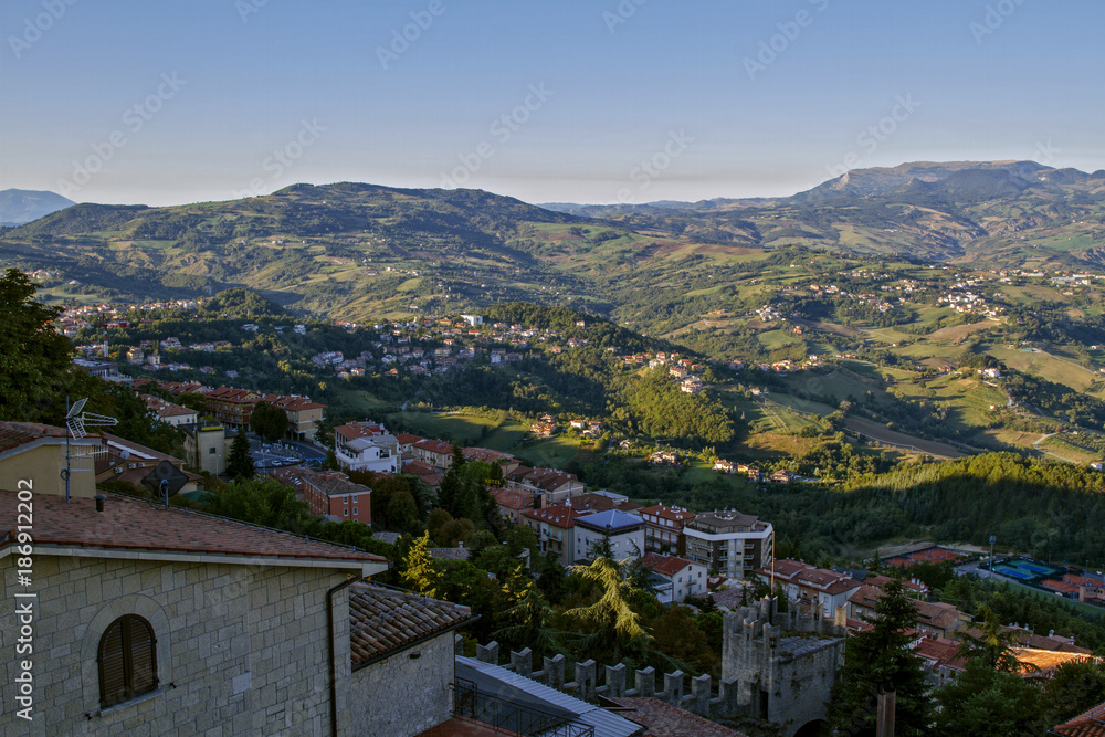 Panorama of Republic of San Marino. From a bird's eye view . San Marino is the oldest constitutional republic .