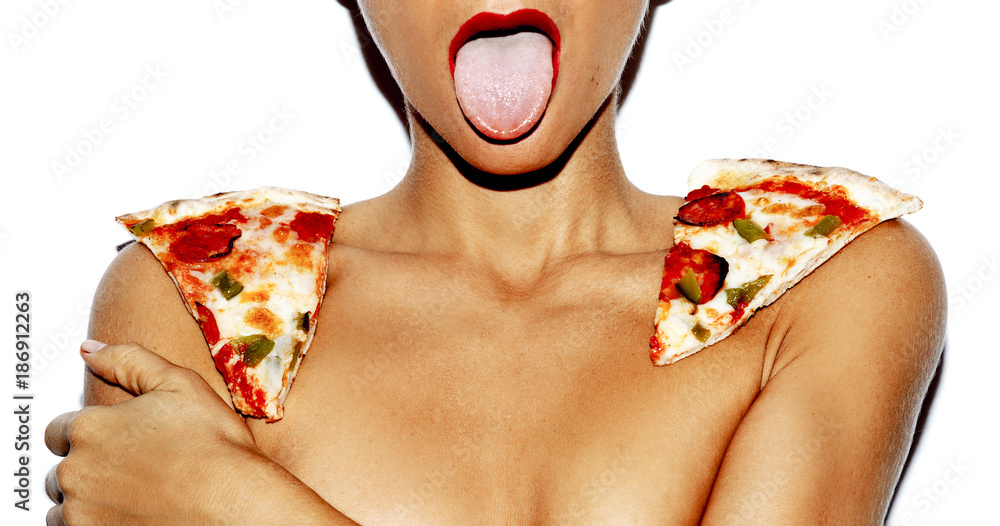 1000px x 526px - Food porn. Pizza Lover. Sexy Lady. Minimal fashion art Stock Photo | Adobe  Stock