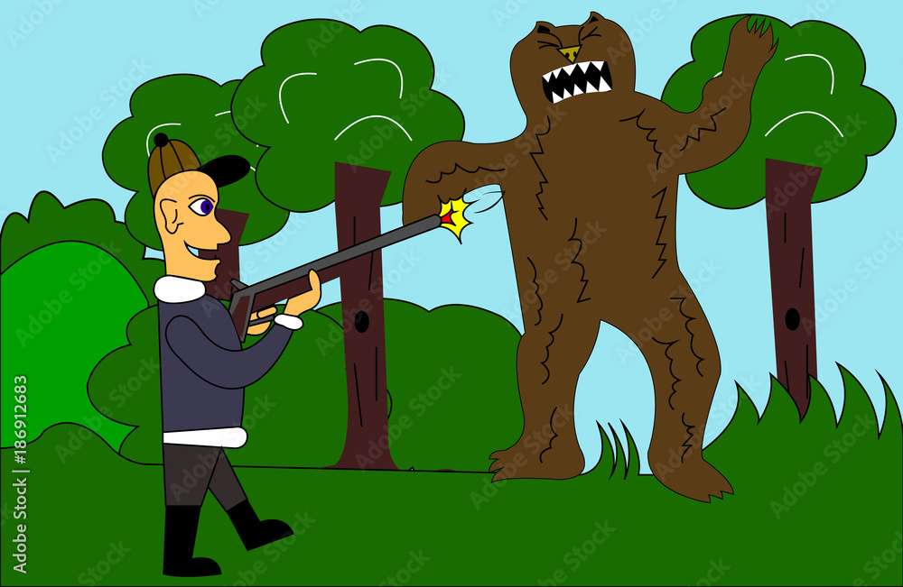 A funny cartoon illustration of a hunter hunting a bear. Stock Vector | Adobe Stock A funny cartoon illustration of a hunter hunting a bear. Stock Vector | Adobe Stock