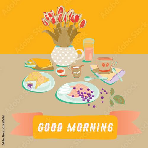 Breakfast waffles  croissants  coffee and juice tulips in a vase. Good morning. Vector illustration on orange background
