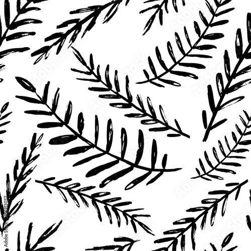 Vector seamless leaves pattern. Black white background made with watercolor, ...