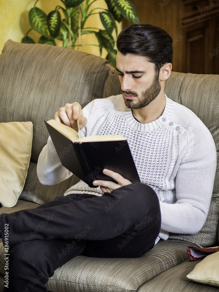 Handsome black hair young man reading book at home, sitting on couch