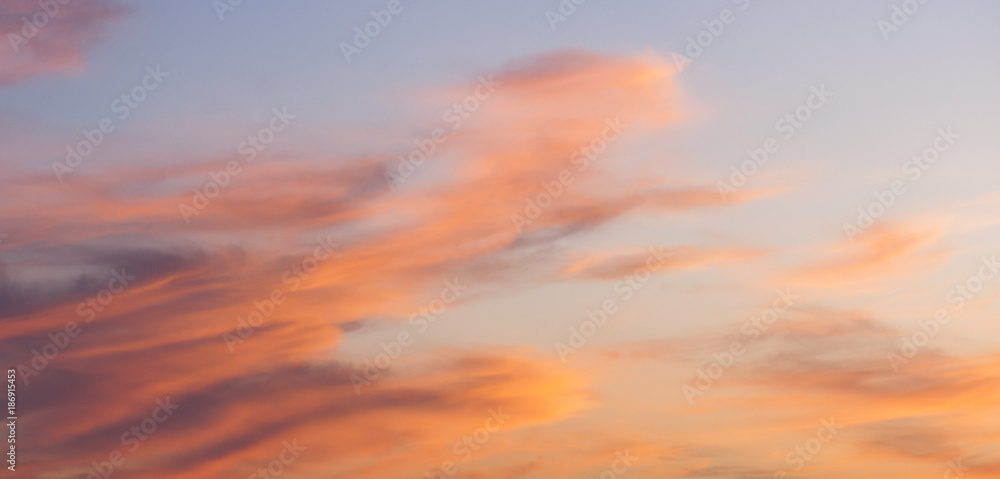 Panorama of Sky background or texture at the sunset time with clouds. Copy space. Instagram