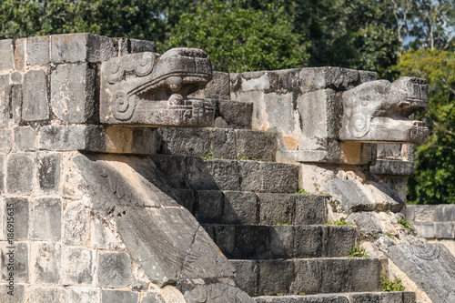 Mayan Jaguar Figurehead Sculptures at the Archaeological Site in Chichen Itza, Mexico photo