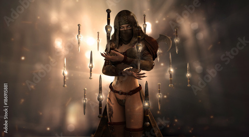 Photography female assassin character surrounded in floating knives